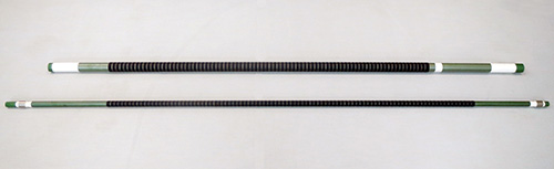New elongated cylindrical cell stack with smaller diameter (below), compared to earlier unit (above).