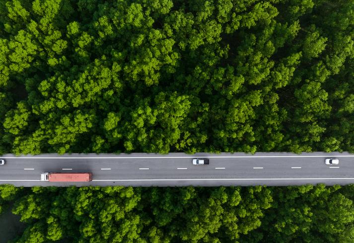 truck driving through a road by a forest