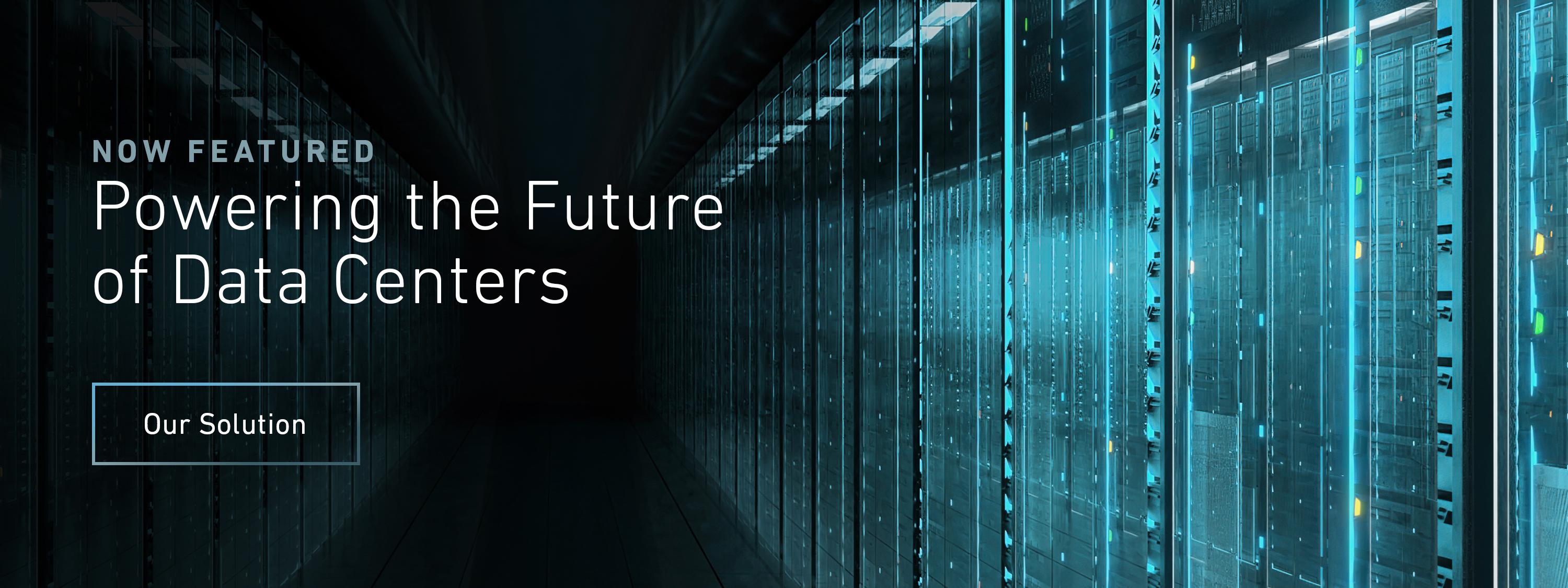 Dark data center server racks with message written powering the future of data centers