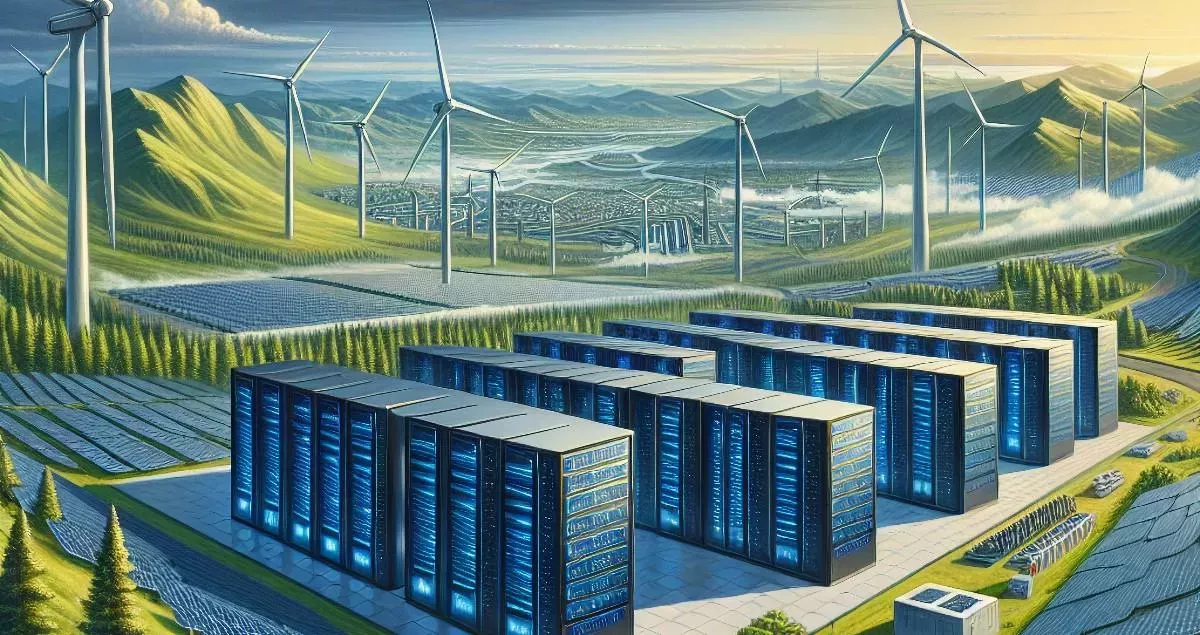 Data Center Servers in front of different renewable energy sources