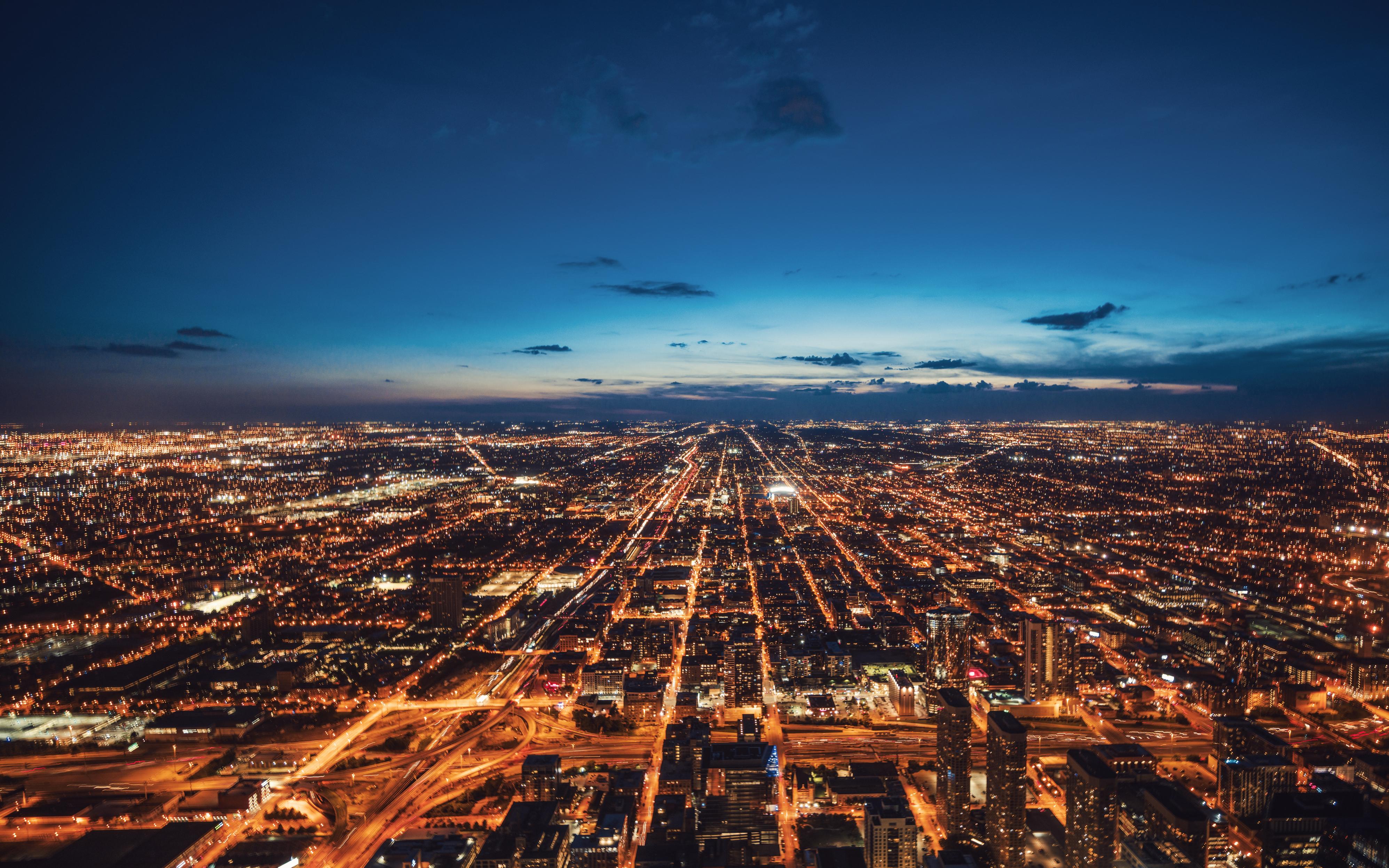 Aerial View of Chicago Skyline at Night